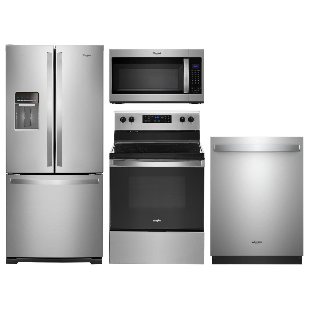 Whirlpool 4-Piece Kitchen Package with 30" French Door Refrigerator and Electric Range in Stainless Steel, , large