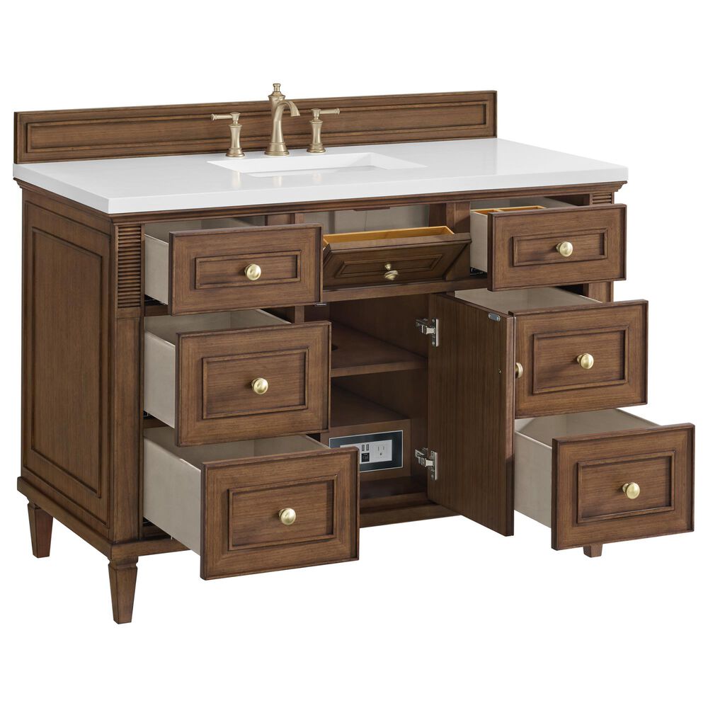 James Martin Vanities Lorelai 48" Single Vanity in Mid-Century Walnut with 3 cm White Zeus Quartz Top, , large
