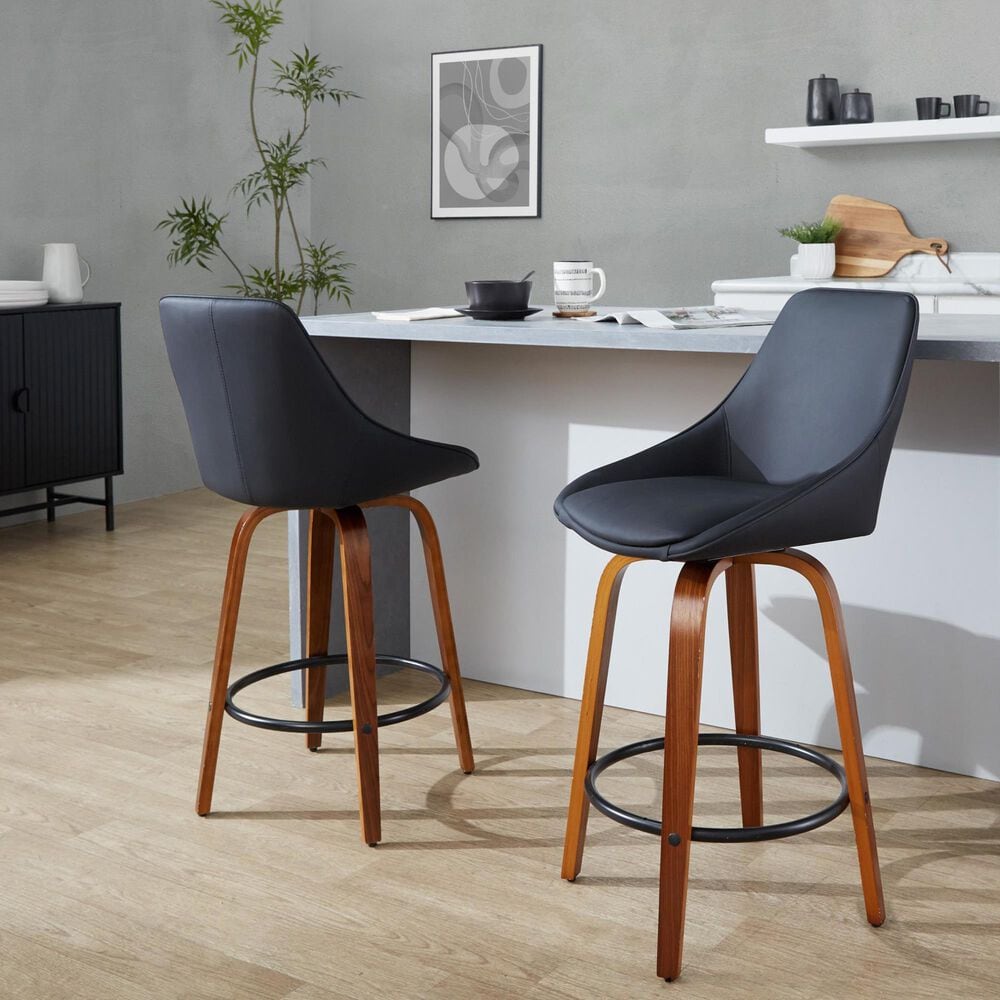 LumiSource Diana 26" Swivel Counter Stool with Black Faux Leather Upholstery in Walnut and Black (Set of 2), , large