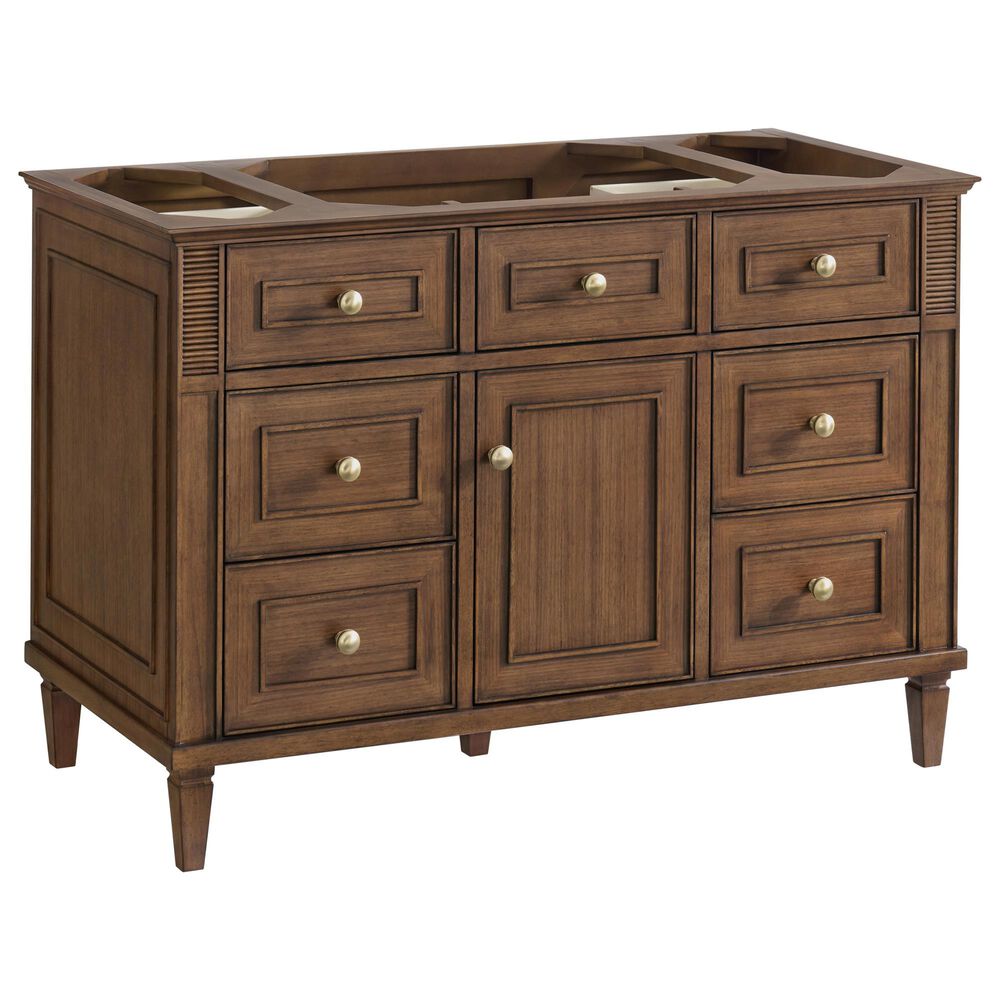 James Martin Vanities Lorelai 48&quot; Single Vanity in Mid-Century Walnut with Single Hole and 3 CM White Zeus Quartz Top &amp; Backsplash, , large