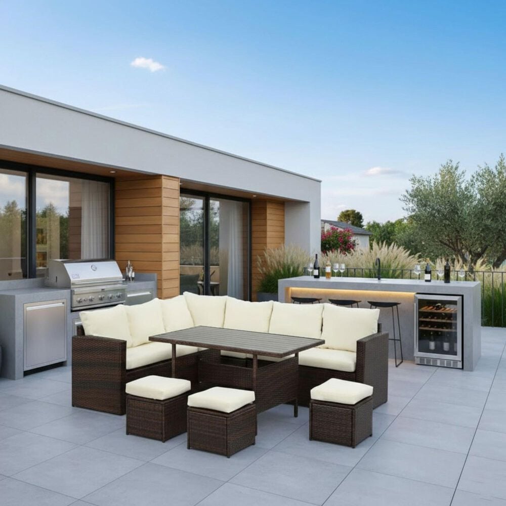 Hearth and Haven 7-Piece Outdoor Dining Set with Beige Cushion in Brown, , large