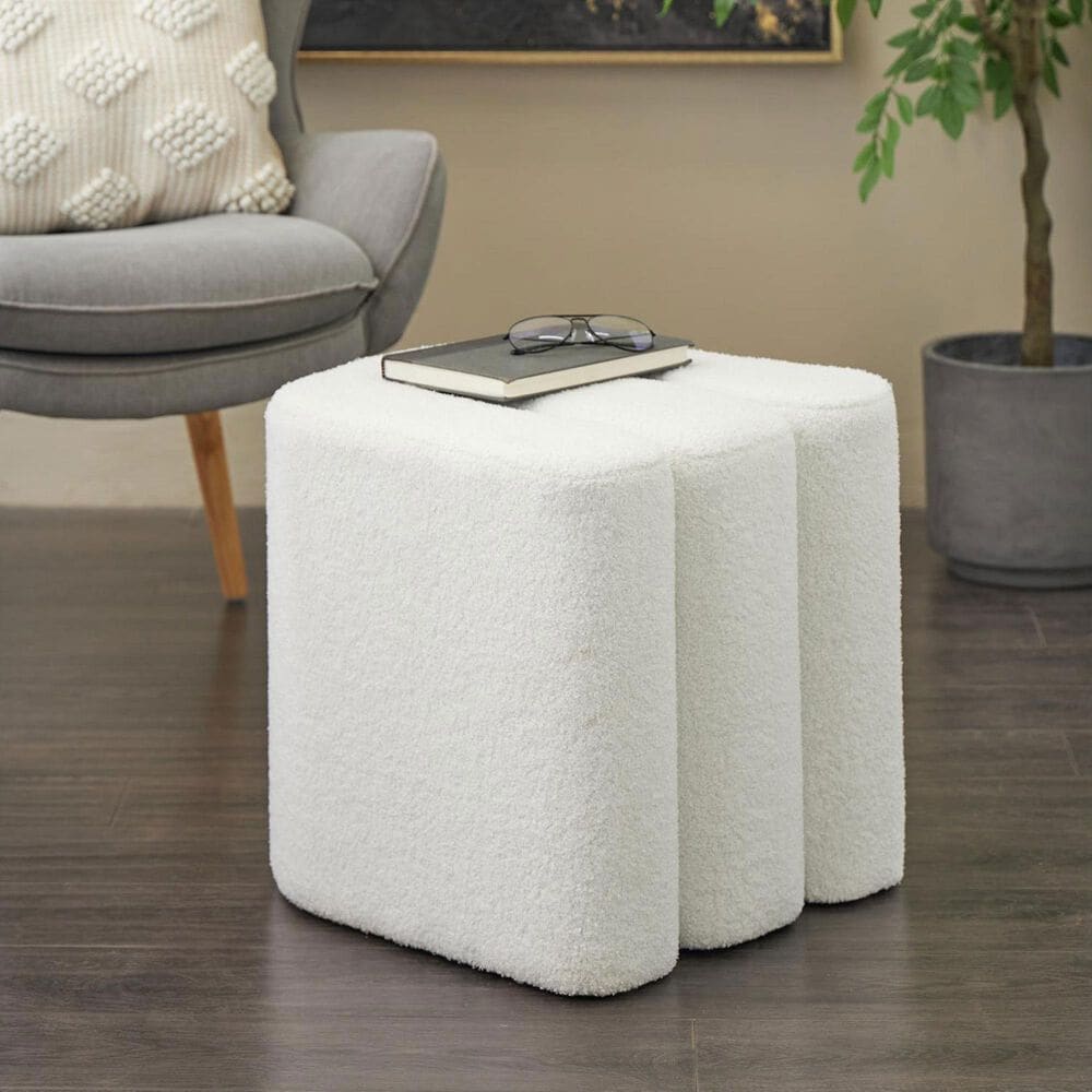 Maple and Jade 18" Boucle Accent Ottoman in White, , large