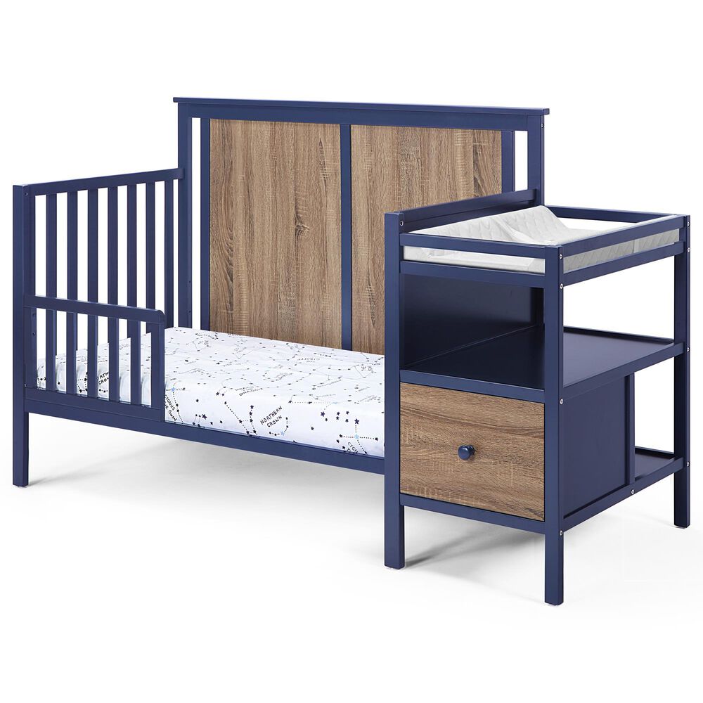 Hearth and Haven Connelly 4-In-1 Convertible Crib with Changer Combo in Midnight Blue and Vintage Walnut, , large