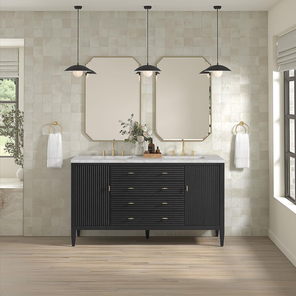 James Martin Vanities Myrrin 60" Double Bathroom Vanity in Carbon Oak with 3 cm Eternal Jasmine Pearl Silestone Top, Rectangular Sinks and FreePower Wireless Charger, , large
