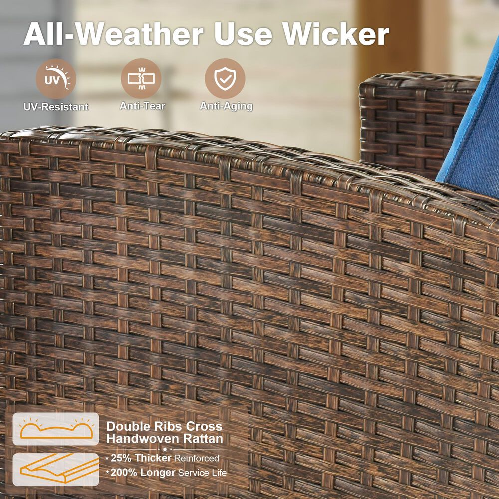 HOMLUX 6-Piece Patio Conversation Set with Loveseat and Light Brown Wicker in Navy Blue, , large