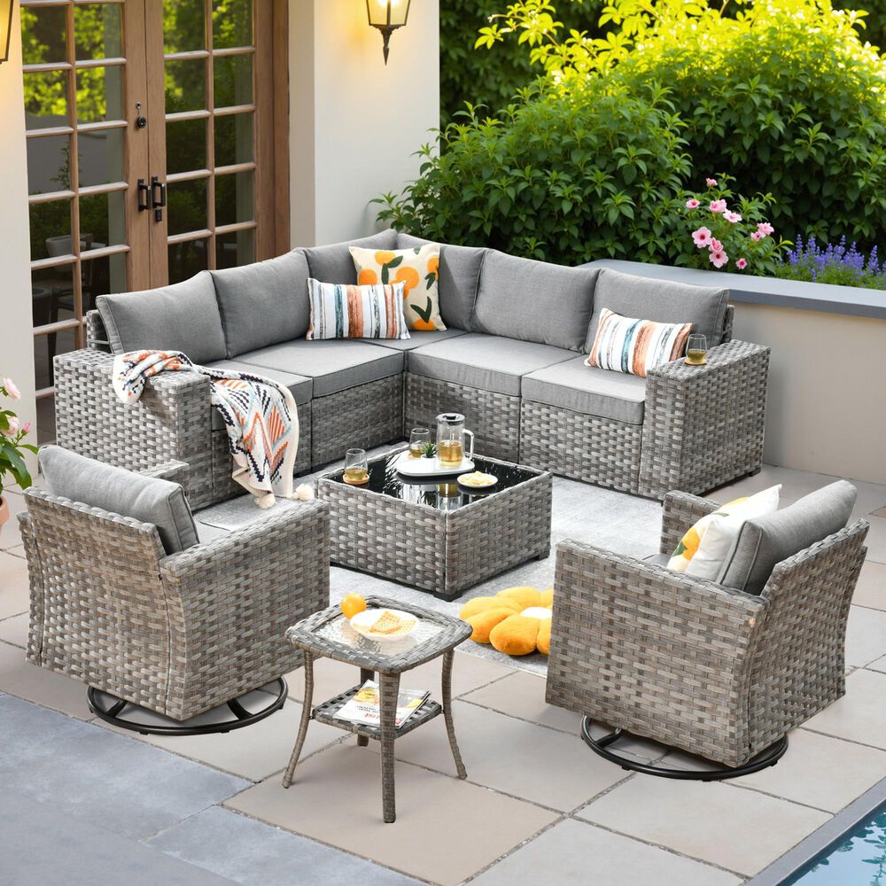 HOMLUX 9-Piece Wicker Sectional Patio Furniture Set in Dark Gray, , large