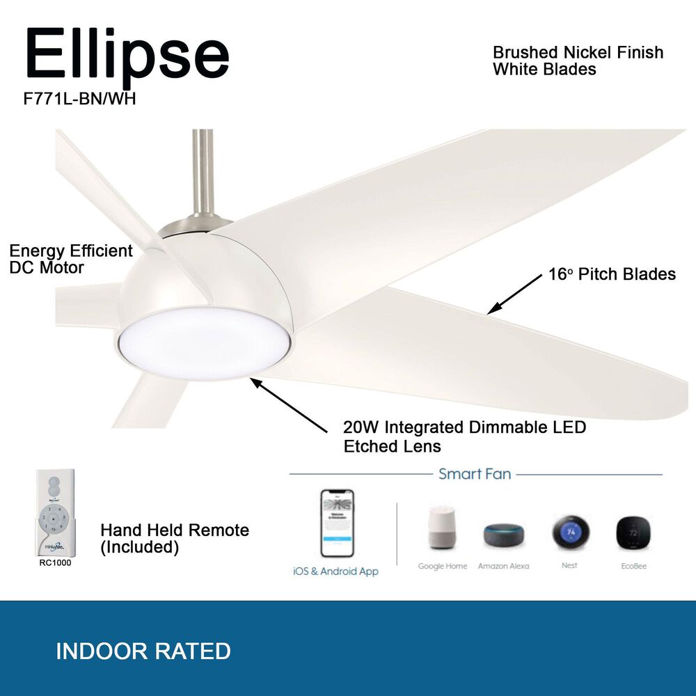 Minka-Aire Ellipse 60" LED Ceiling Fan with White Blades in Brushed Nickel, , large