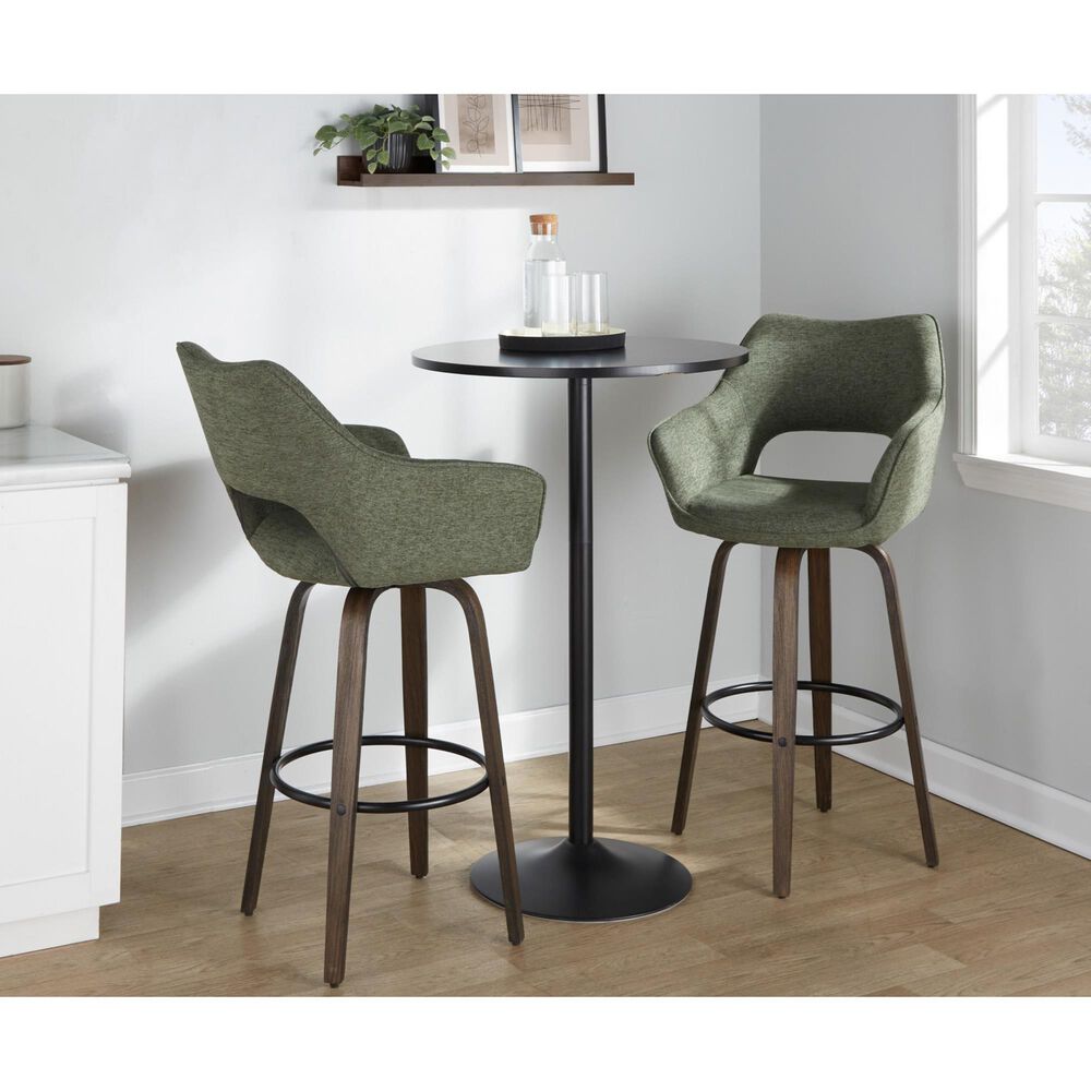 LumiSource Mustang 30" Swivel Bar Stool with Green Fabric Upholstery in Glazed Walnut and Black (Set of 2), , large