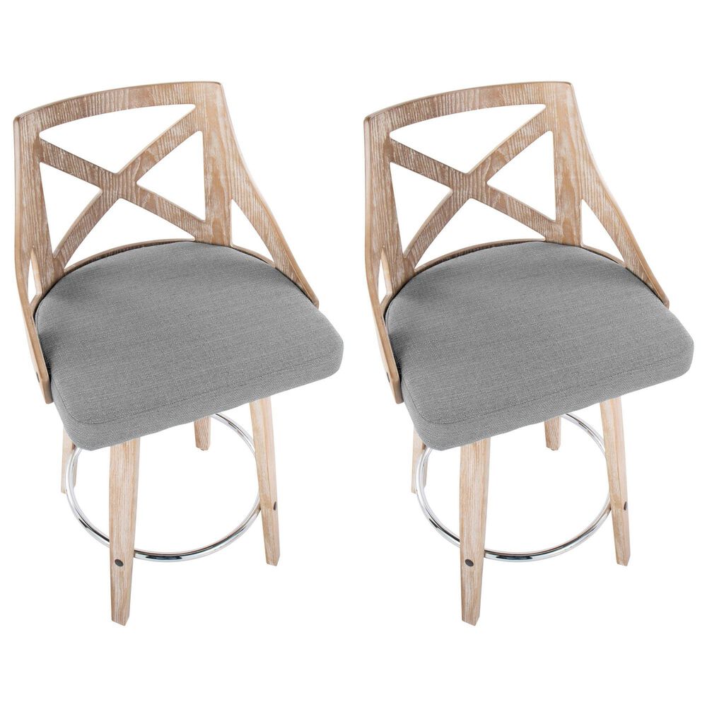 LumiSource Charlotte Swivel Counter Stool with Light Grey Fabric Upholstery in Whitewashed and Chrome (Set of 2), , large