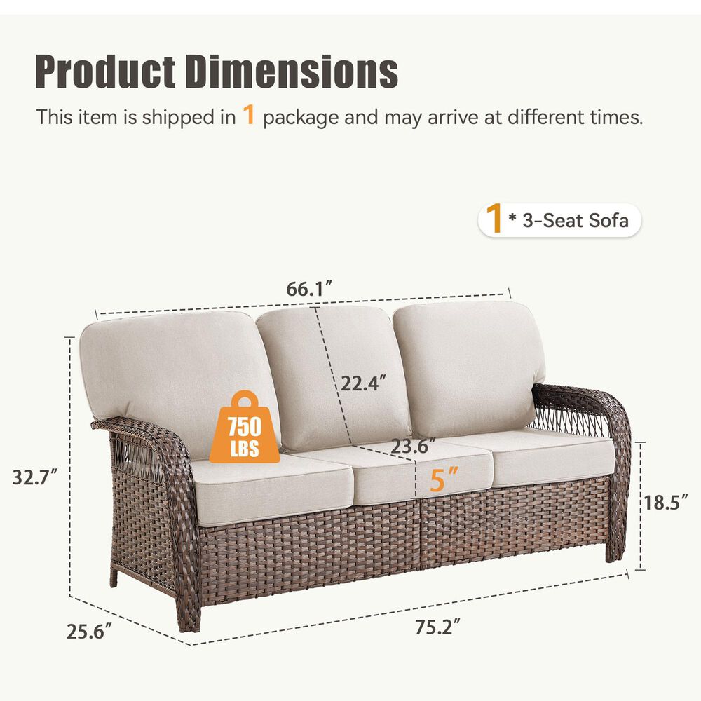 Hearth and Haven Outdoor Sofa with T-back Cushions and Brown Wicker in Beige, , large