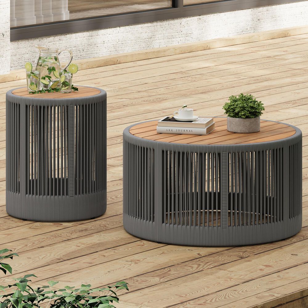 Hearth and Haven 2-Piece Outdoor Coffee Table and Side Table Set with Woven Rope Design in Grey and Teak, , large