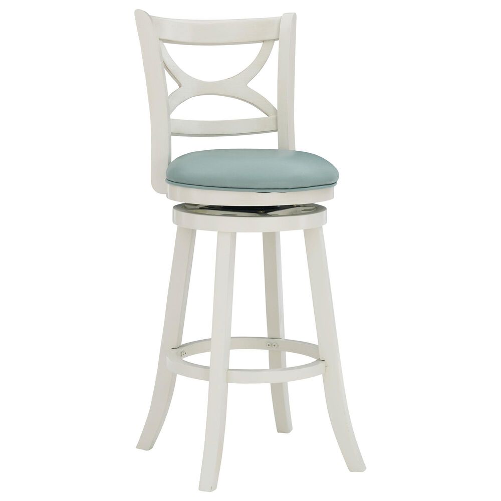 Linon Home Decor Sawyer Swivel Bar Stool with Sky Blue Cushion in Cream, , large