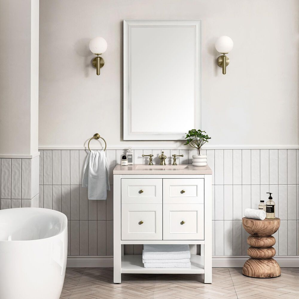 James Martin Vanities Breckenridge 30&quot; Single Bathroom Vanity in Bright White with 3 cm Eternal Marfil Quartz Top and Rectangular Sink, , large