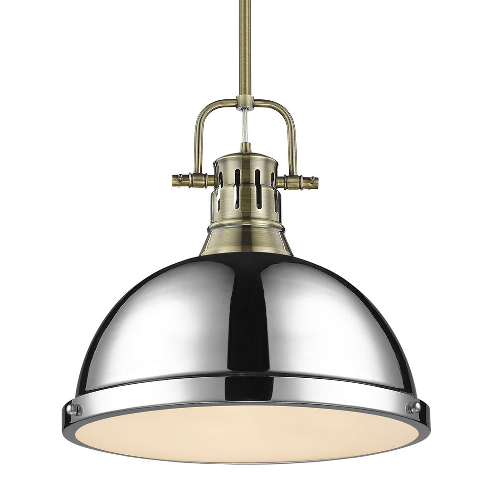 Golden Lighting Duncan 1-Light Pendant with Rod and Chrome Shade in Aged Brass, , large