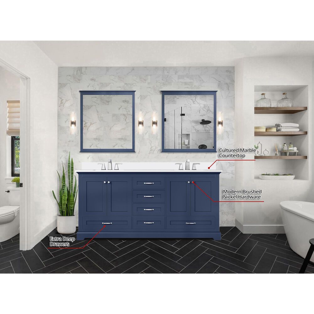 Lexora Home Dukes 72&quot; Double Bathroom Vanity in Navy Blue with 2 cm White Cultured Marble Top and Rectangular Sinks, , large