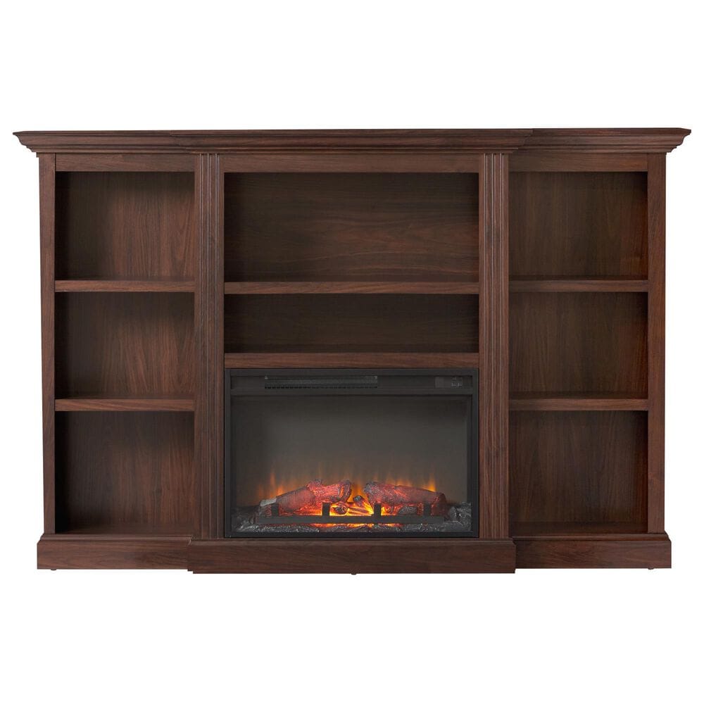 Walker Edison Cullen 70&quot; Electric Fireplace with Mantel and Shelves in Brown, , large