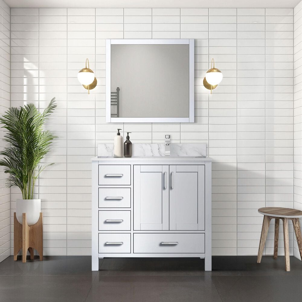 Lexora Home Jacques 36&quot; Right Offset Single Bathroom Vanity in White with 2 cm White Carrara Marble Top and Rectangular Sink, , large