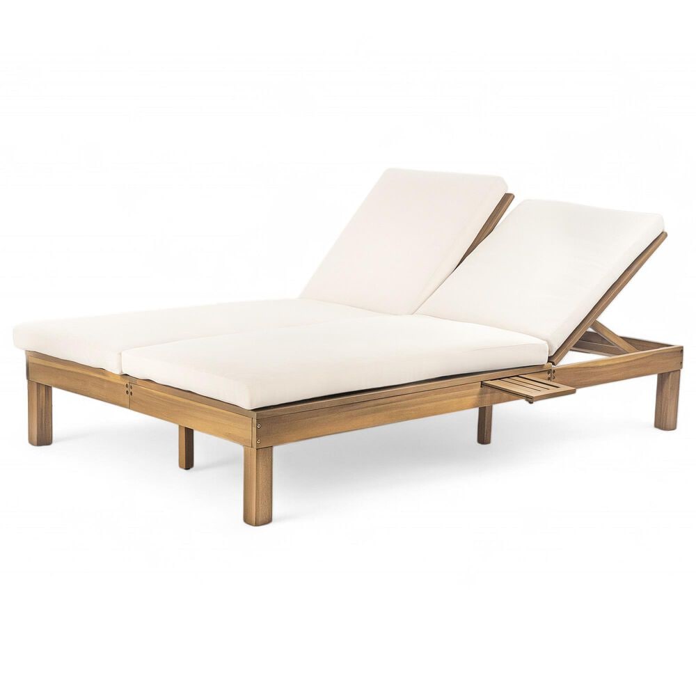 HOMLUX Patio 2-Person Chaise Lounge with Folding Side Tables and Light Teak Frame in Beige, , large