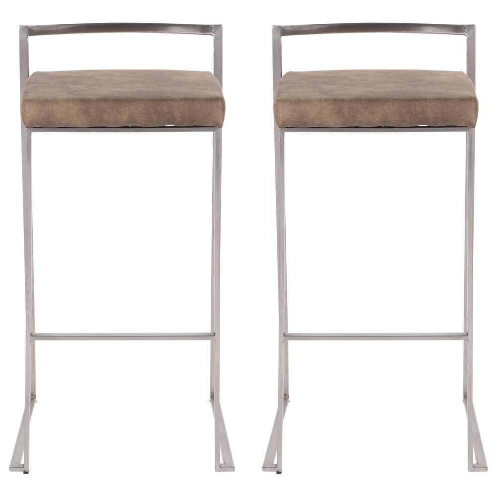LumiSource Fuji 30" Stacker Bar Stool with Brown Cowboy Upholstery in Stainless Steel (Set of 2), , large