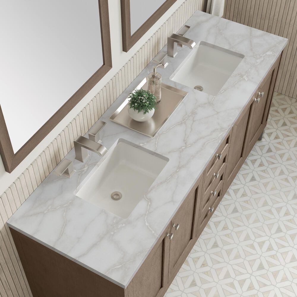 James Martin Vanities Chicago 72&quot; Double Bathroom Vanity in Whitewashed Walnut with 3 cm Victorian Silver Quartz Top and Rectangular Sinks, , large