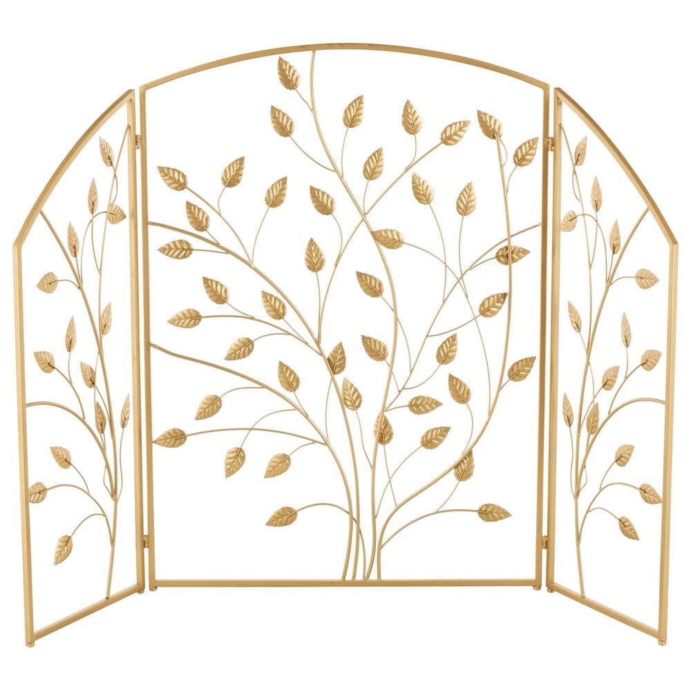 Maple and Jade Leaf Foldable Three Panel Fireplace Screen in Satin Gold, , large