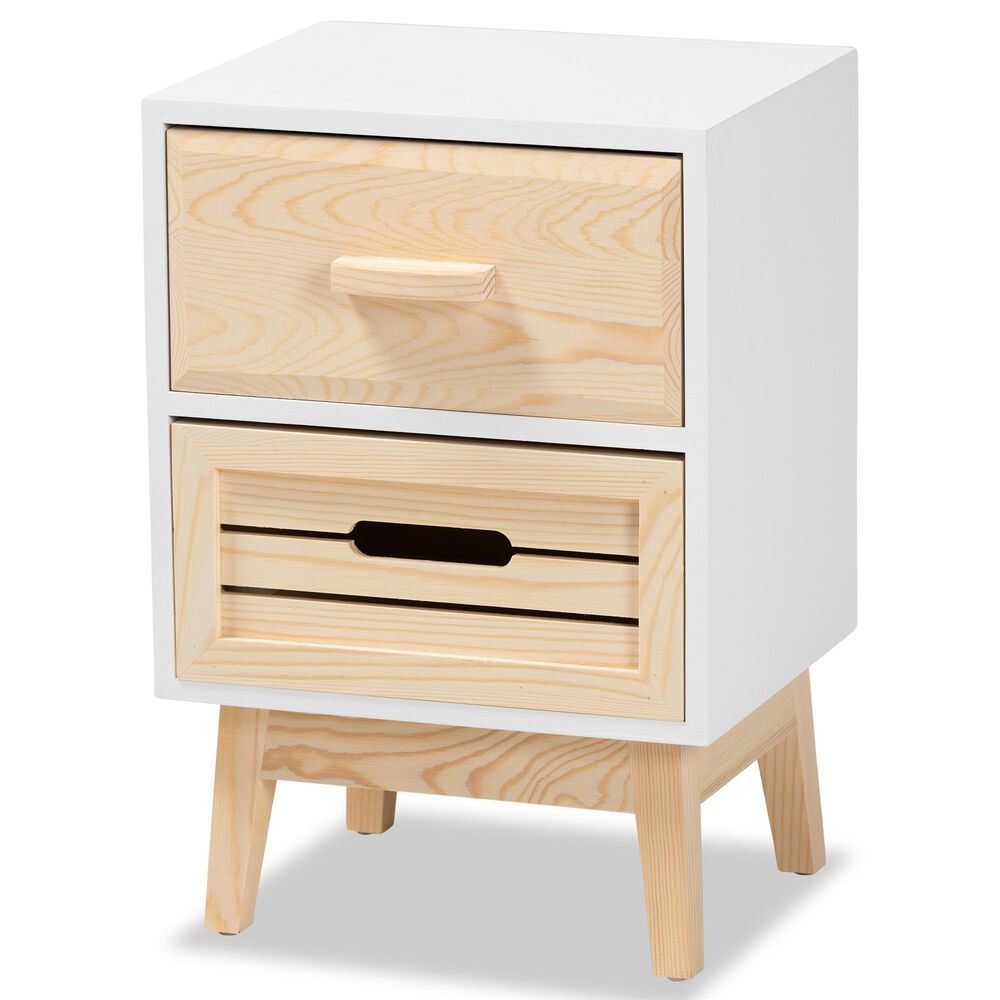 Baxton Studio Kalida 2 Drawer Nightstand in White and Oak Brown, , large