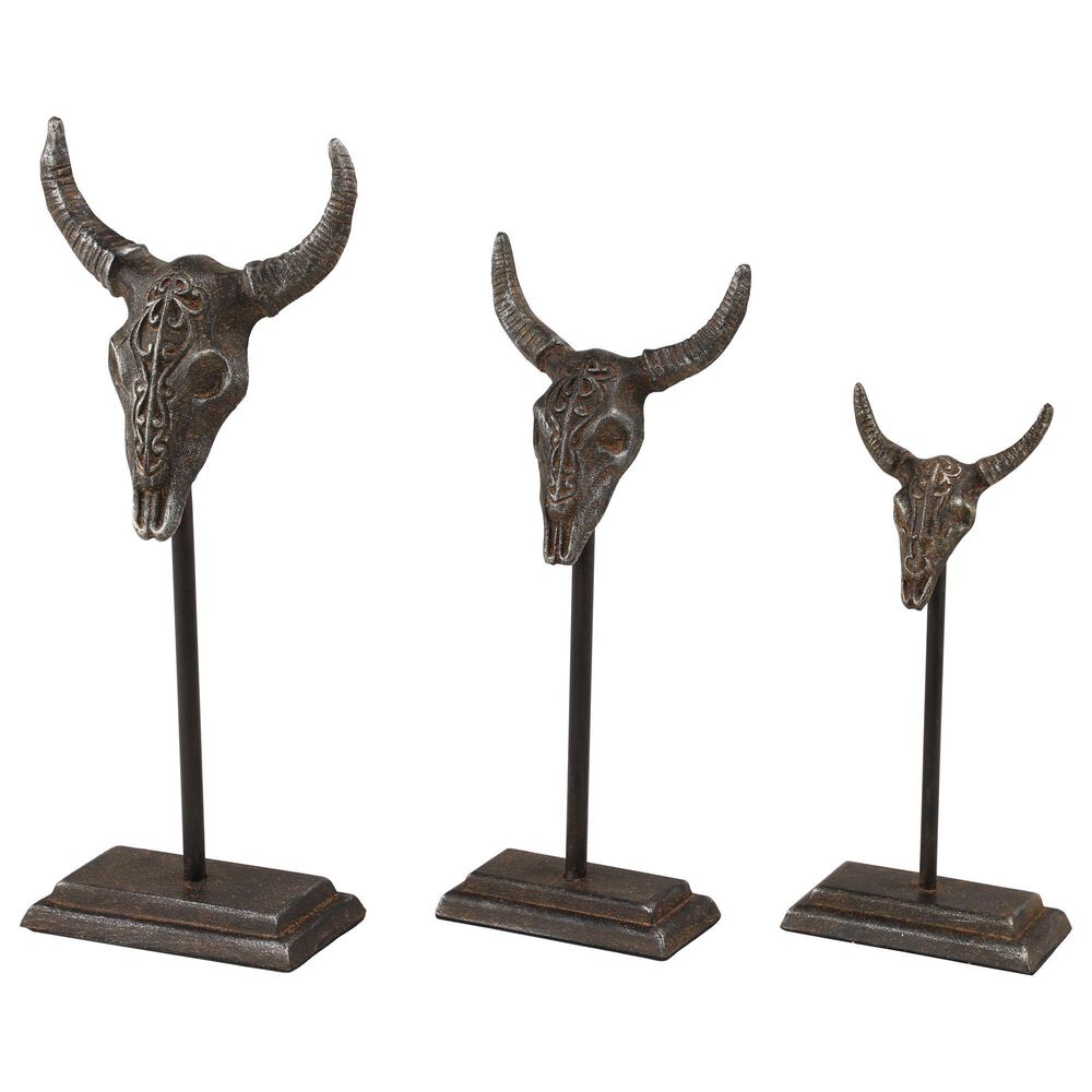 Maple and Jade Bull Skull Sculpture in Matte Gray (Set of 3), , large