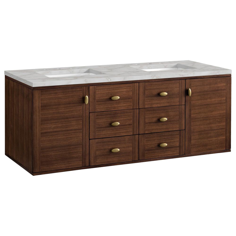 James Martin Vanities Amberly 60" Double Bathroom Vanity in Mid-Century Walnut with 3 cm Eternal Jasmine Pearl Silestone Top, Rectangular Sinks and FreePower Wireless Charger, , large
