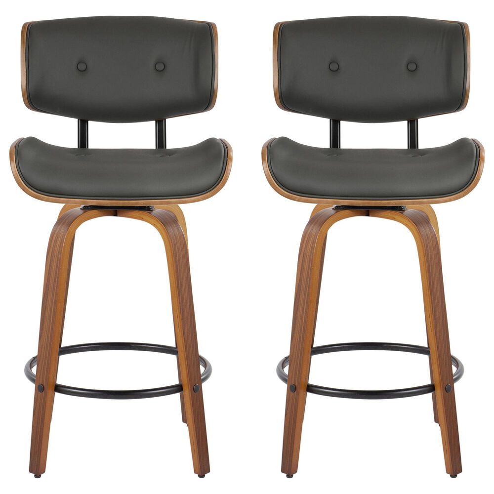 LumiSource Lombardi 26" Swivel Counter Stool with Grey Faux Leather Upholstery in Walnut and Black (Set of 2), , large