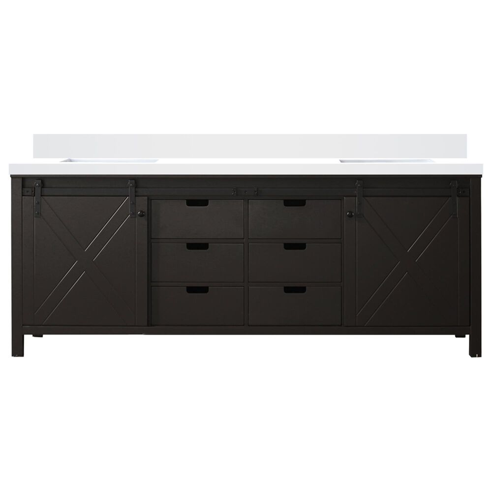 Lexora Home Marsyas 84&quot; Double Bathroom Vanity in Brown with 2 cm White Cultured Marble Top and Rectangular Sinks, , large