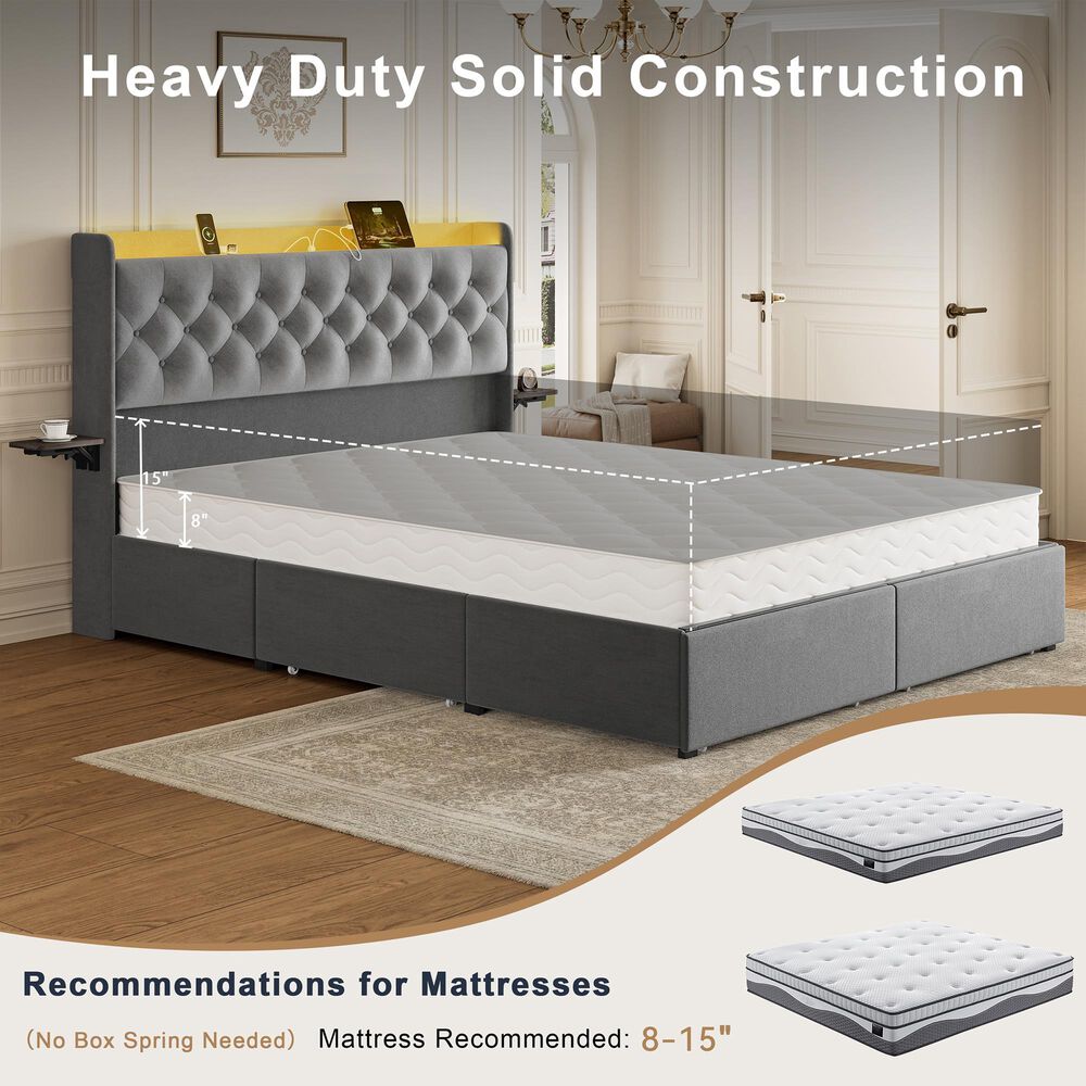 HOMLUX Full Upholstered Platform Storage Bed with Headboard Shelf and USB Charging Station in Gray, , large