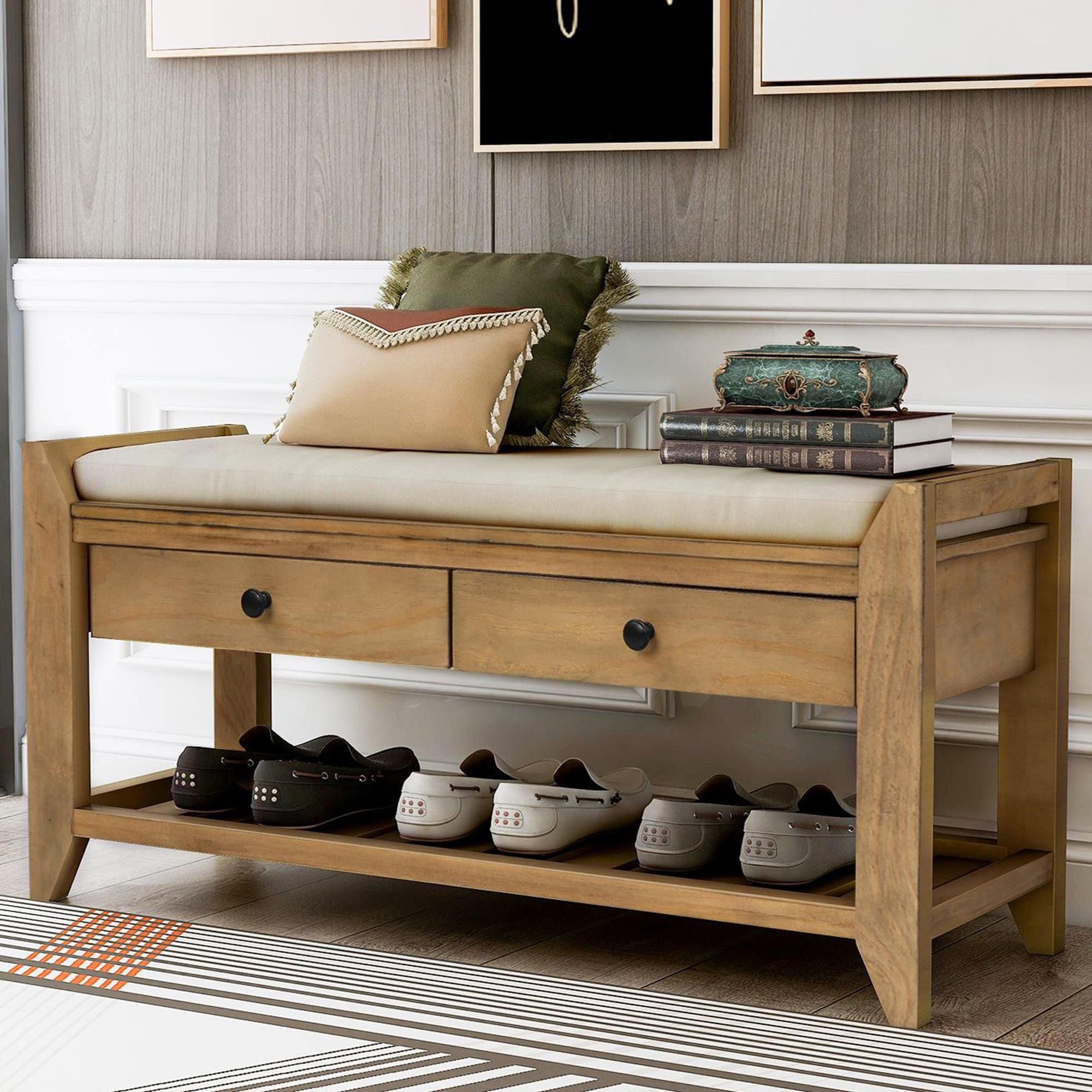 Hearth and Haven Rodney Shoe Storage Bench in Old Pine NFM