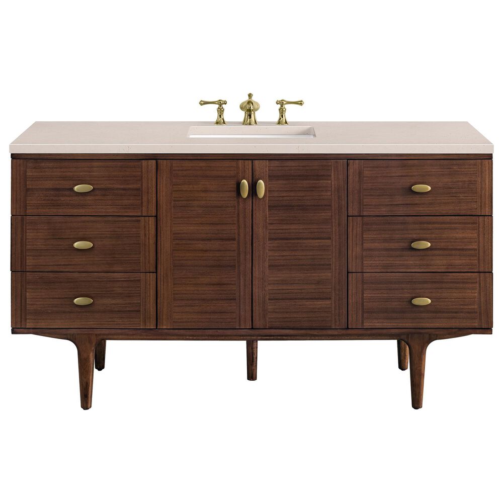 James Martin Vanities Amberly 60" Single Bathroom Vanity in Walnut with 3 cm Eternal Marfil Quartz Top and Rectangular Sink, , large