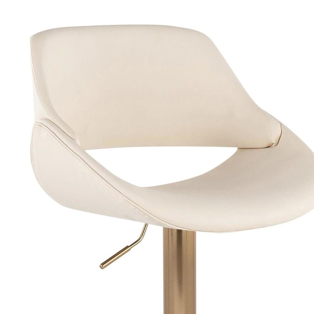LumiSource Fabrico Swivel Adjustable Bar Stool with Cream Faux Leather Upholstery and Rounded T Footrest in Gold (Set of 2), , large