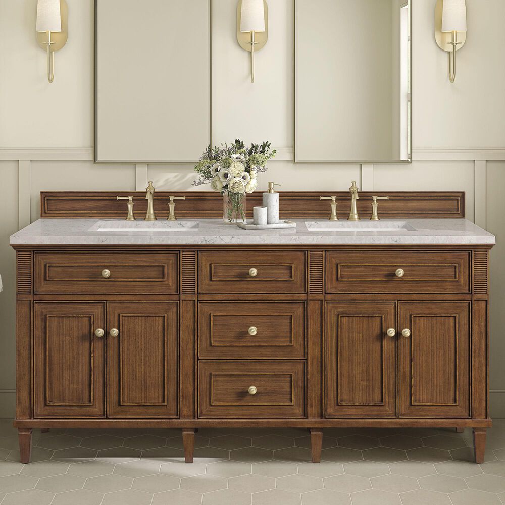 James Martin Vanities Lorelai 72&quot;Double Vanity in Mid-Century Walnut with 3 cm Eternal Jasmine Pearl Quartz Top, , large