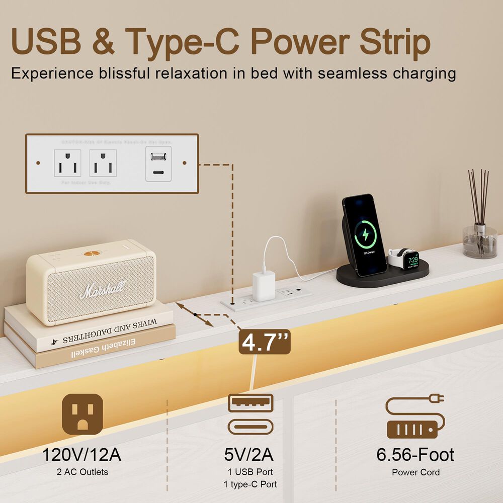 HOMLUX 4-Drawer Full Storage Bed with LED Headboard and Charging Station in White, , large