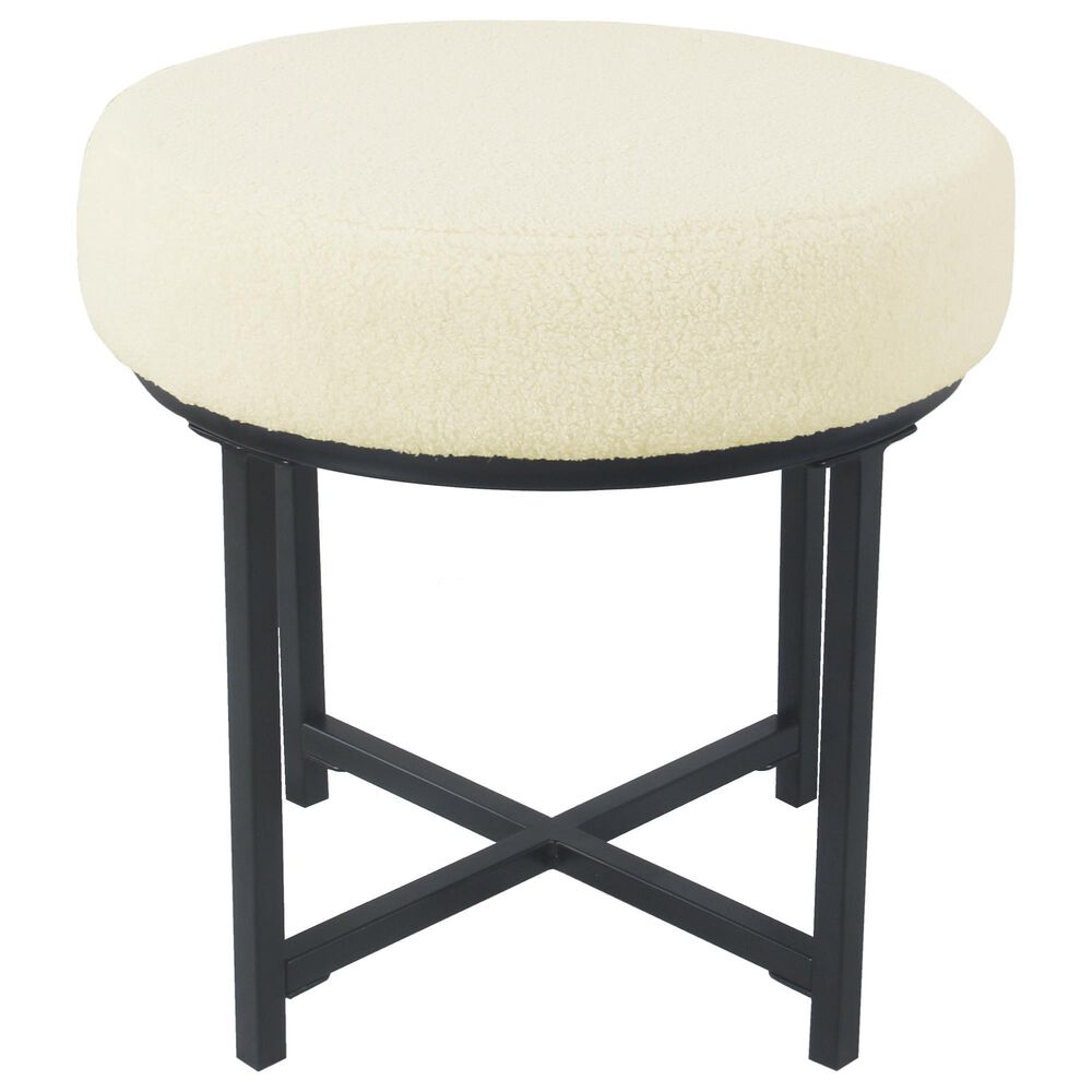 Kinfine Round Faux Sheepskin Ottoman with Matte Black Leg in Cream, , large