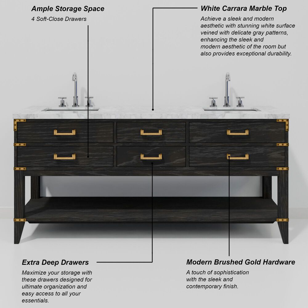 Lexora Home Norwalk 72" Double Bathroom Vanity in Black Oak with White Carrara Marble Top and Rectangular Sinks, , large