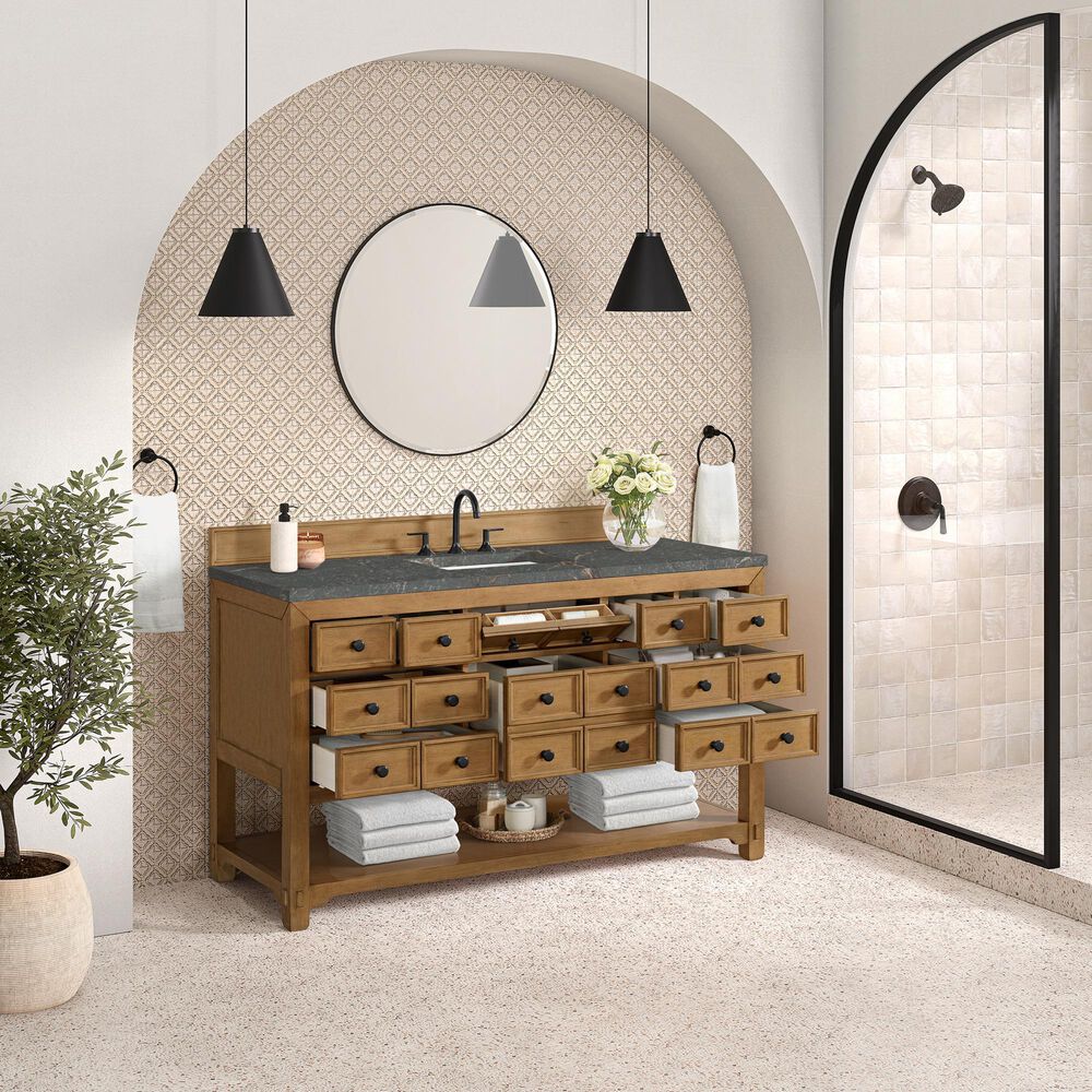 James Martin Malibu 60&quot; Single Bathroom Vanity in Amber Birch with 3 cm Parisien Bleu Quartz Top and Rectangular Sink, , large
