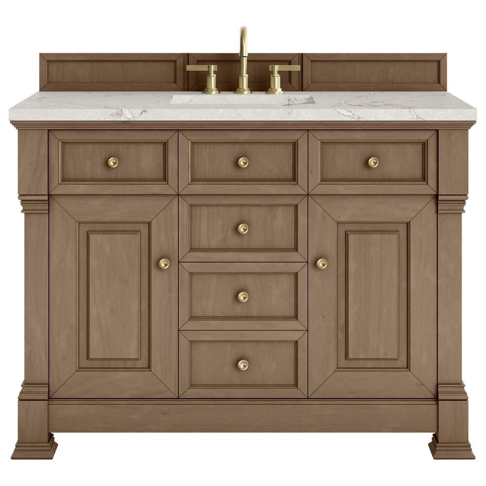James Martin Vanities Brookfield 48" Single Bathroom Vanity in Pecan with 3 cm Victorian Silver Quartz Top and Rectangular Sink, , large