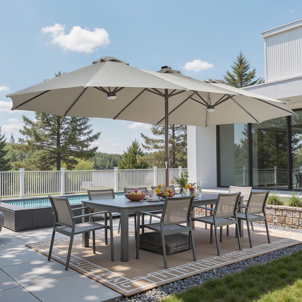 HOMLUX 15' Double-Sided Outdoor Market Umbrella with Sandbag Base and RGB LED Lights in Light Gray, , large