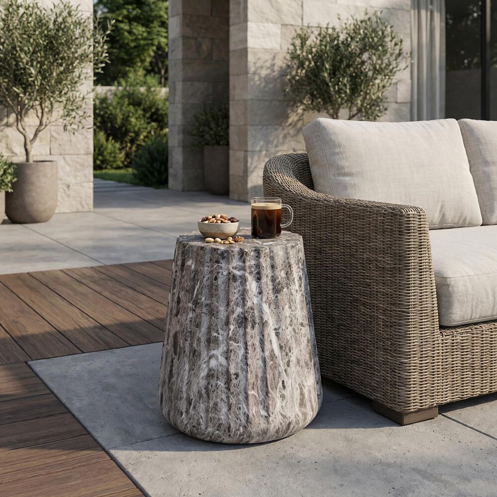 Hearth and Haven Outdoor Carved Side Table with Faux Natural Stone Texture in Brown, , large