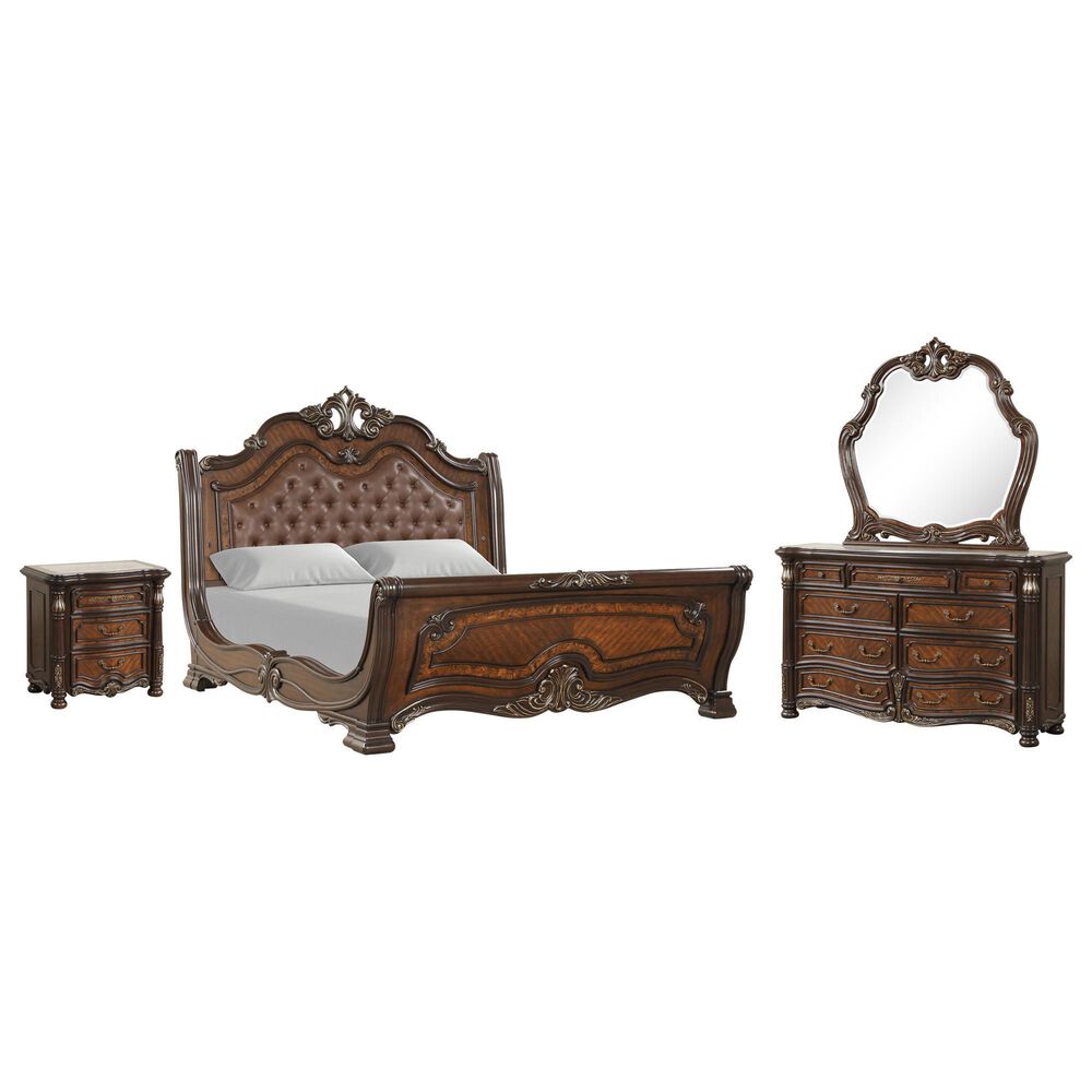 New Heritage Design Bella Note 4-Piece King Sleigh Bedroom Set in Mahogany Brown and Antique Gold, , large