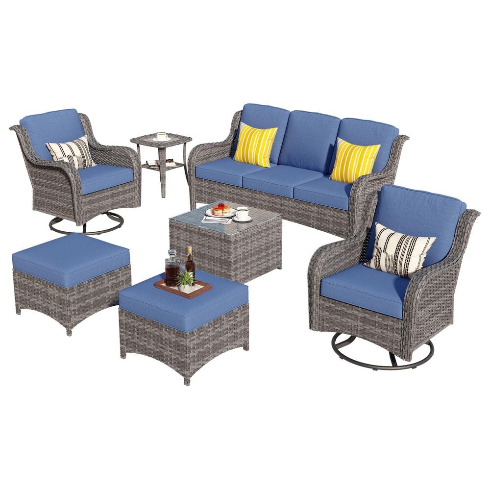 HOMLUX 7-Piece Gray Wicker Patio Sofa Set in Denim Blue, , large