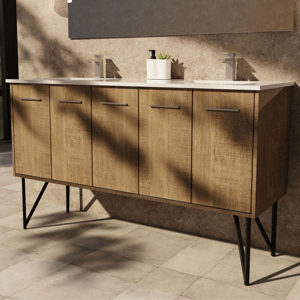 Lexora Home Lancy 60" Double Bathroom Vanity in Rustic Acacia with 2 cm White Quartz Top and Rectangular Sinks, , large