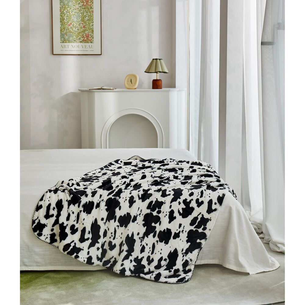 Duke Imports Cow Skin Sherpa Mink Plush Throw in Black and White, , large