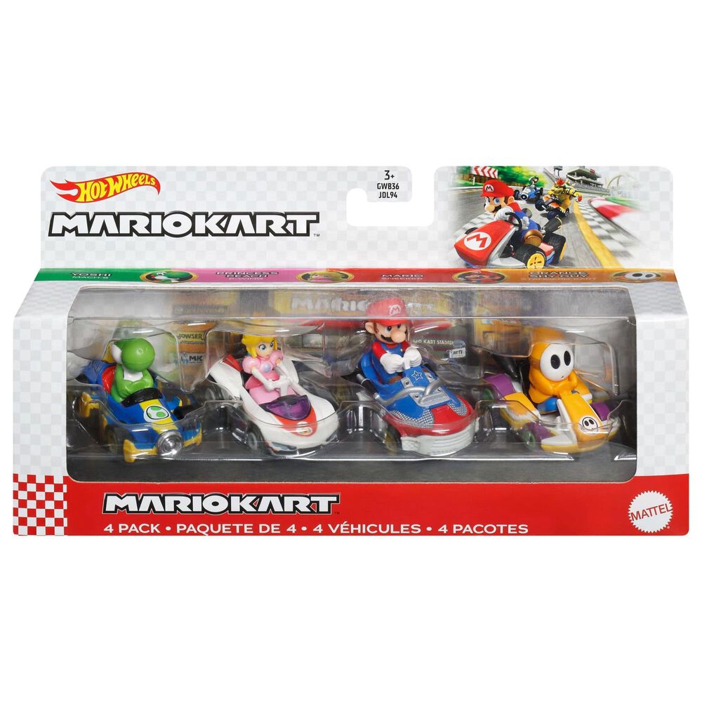 Hot Wheels Mario Kart Toy Character Vehicle 4-Pack - Mario, Yoshi, Princess Peach, Orange Shy Guy, , large