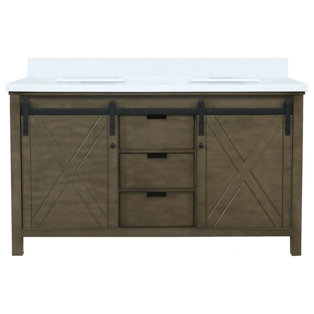 Lexora Home Marsyas 60&quot; Double Bathroom Vanity in Rustic Brown with 2 cm White Cultured Marble Top and Rectangular Sinks, , large