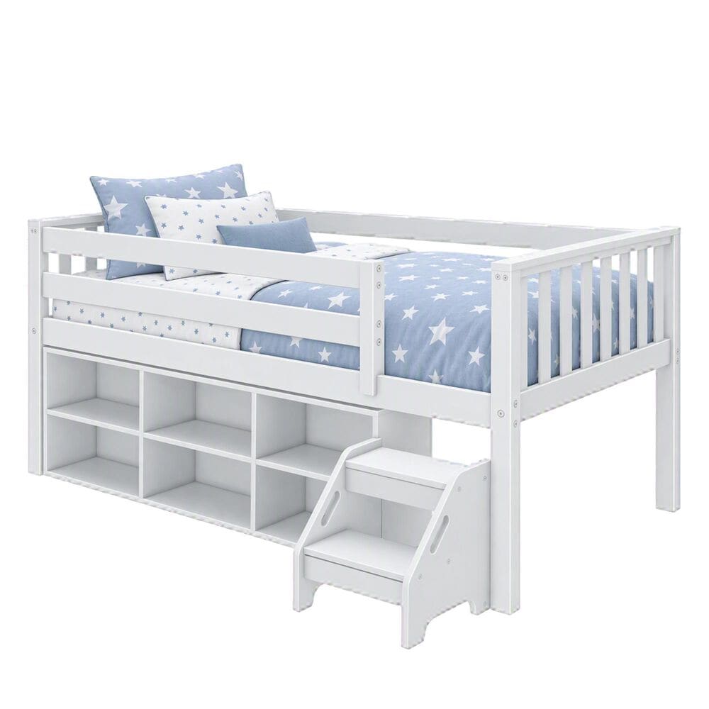 Birch Hollow Scandinavian Low Loft Twin Bed with Bookcase and Stepstool in White, , large
