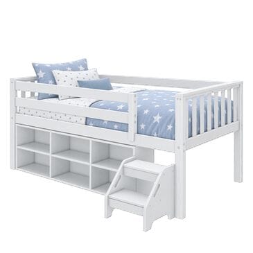 Birch Hollow Scandinavian Low Loft Twin Bed with Bookcase and Stepstool in White, , large